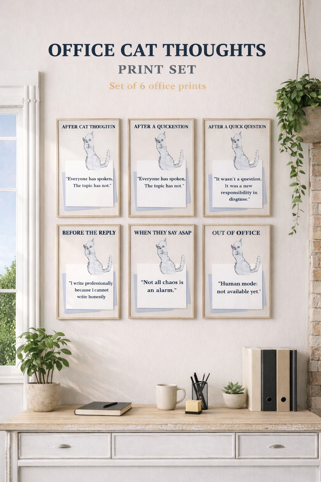 Office Cat Thoughts print set mockup in a bright workspace