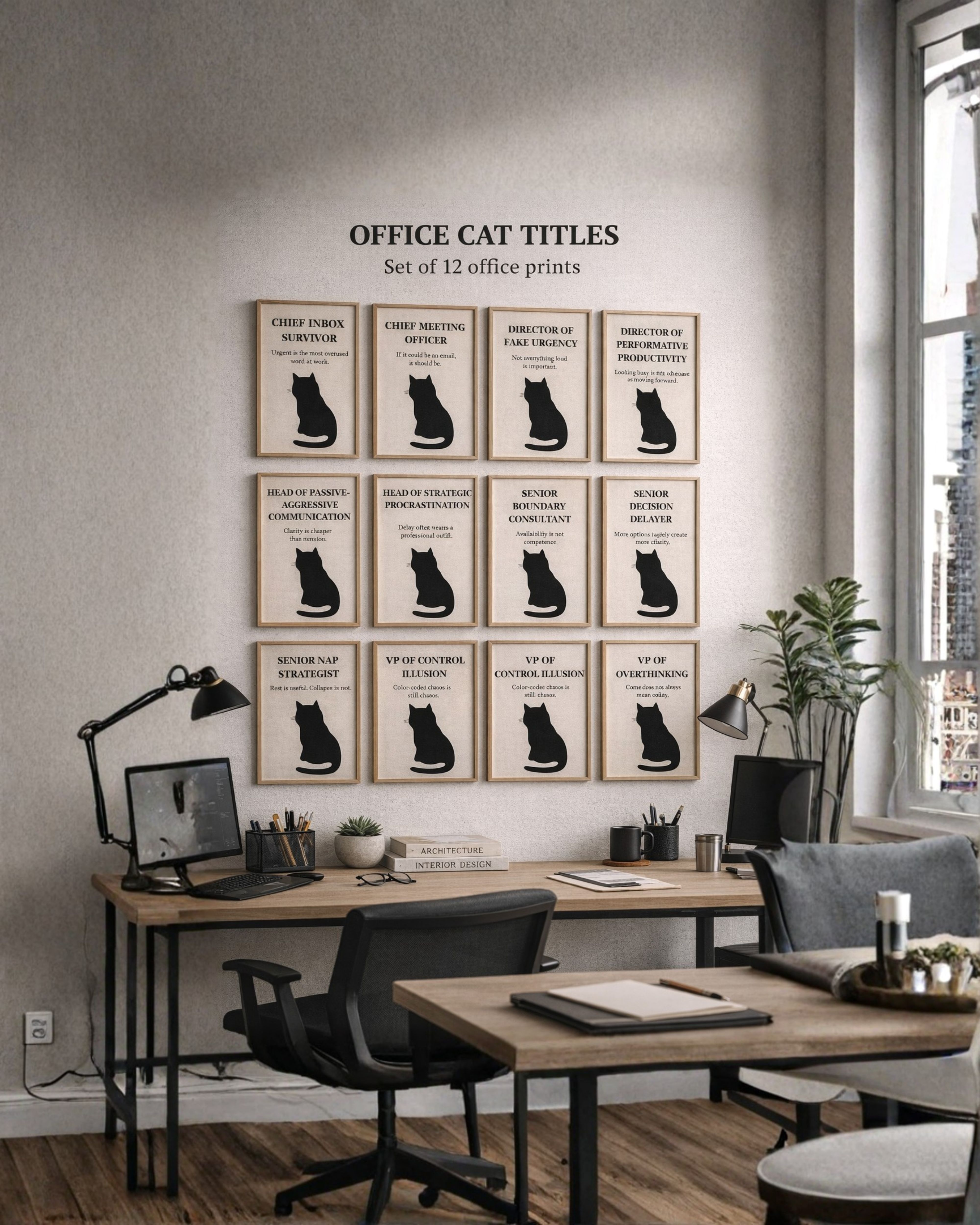 Office Cat Titles print set shown in a workspace mockup
