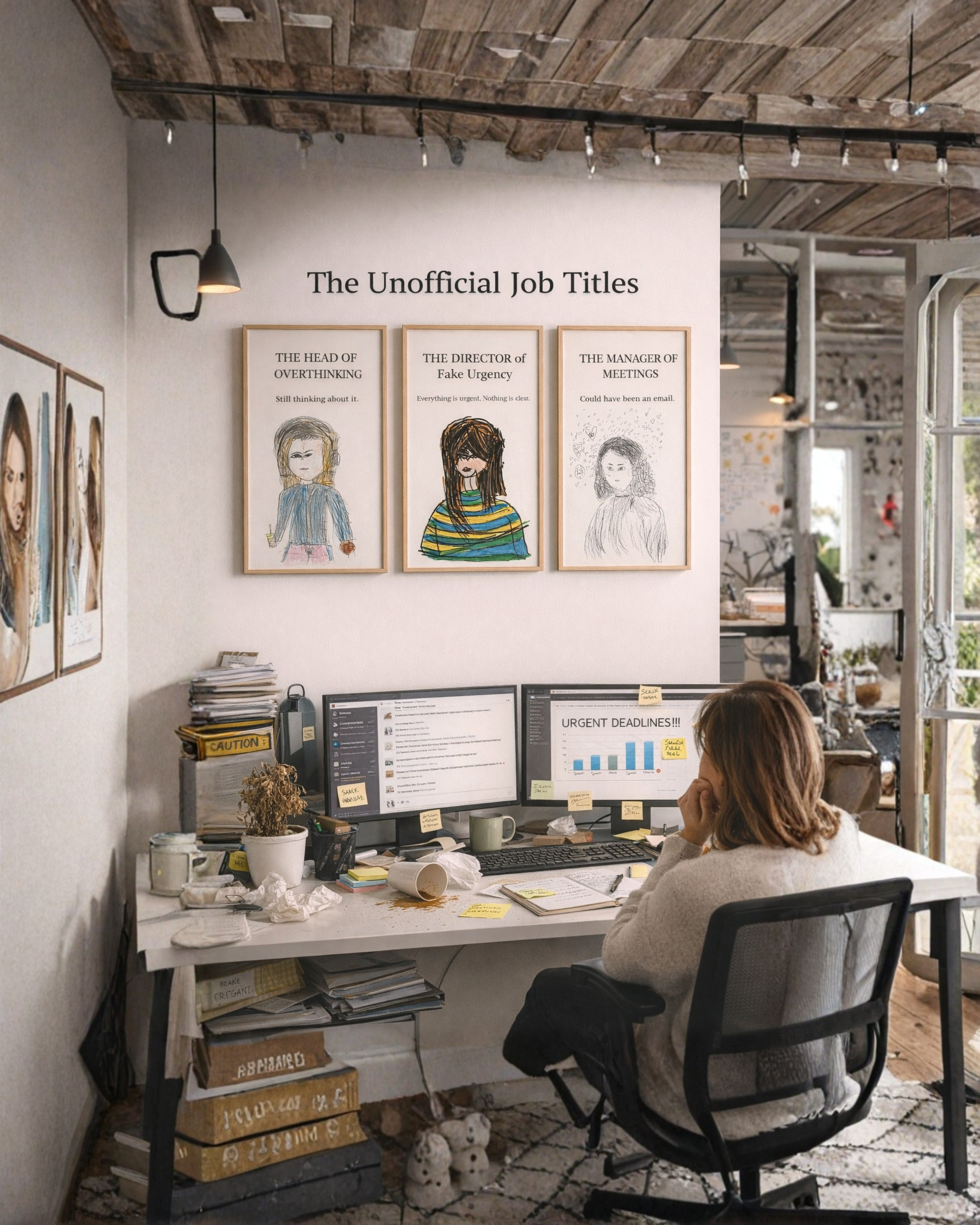 Hero mockup showing Unofficial Job Titles Print Set framed together in a workspace