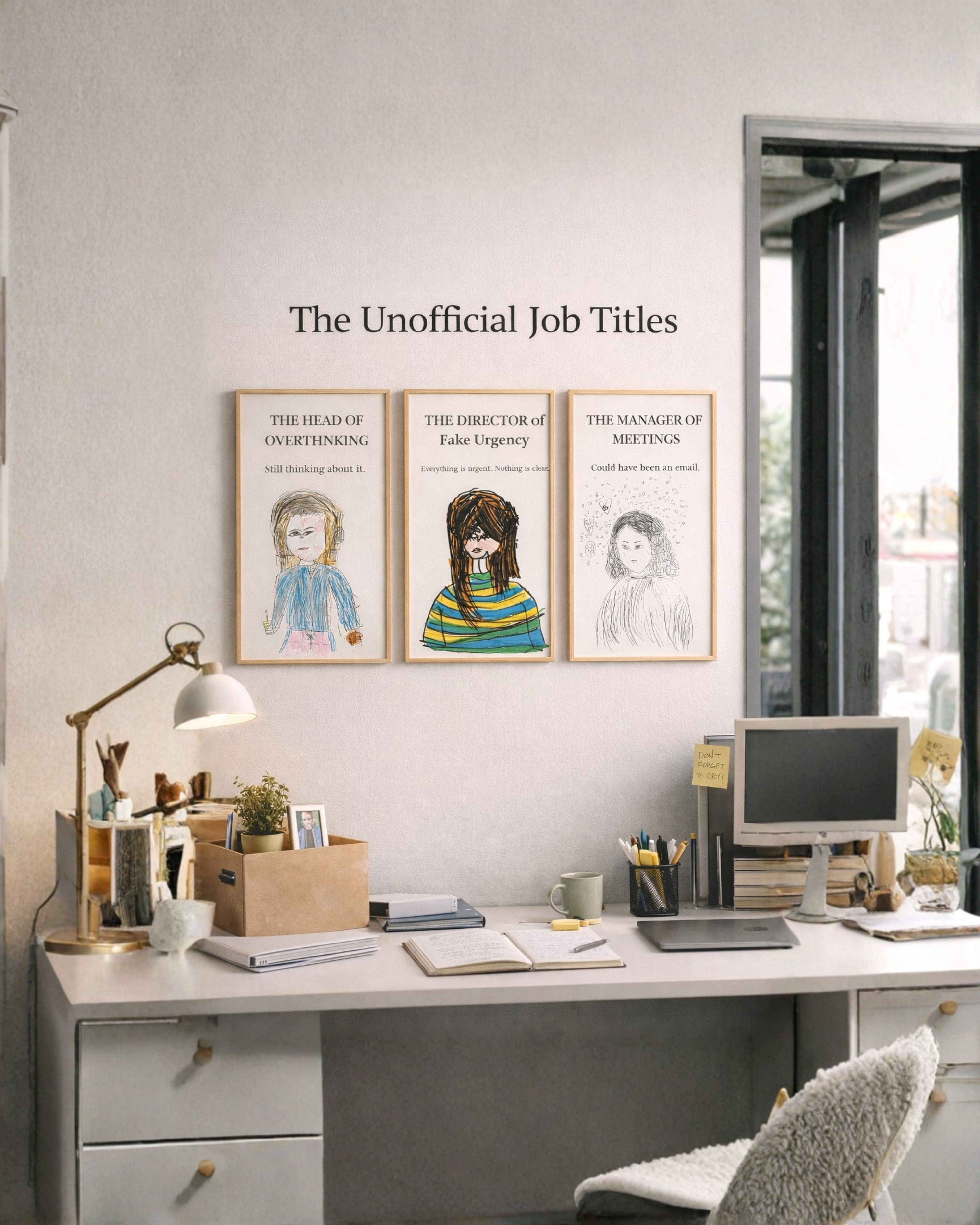 Secondary mockup showing Unofficial Job Titles Print Set in a calmer office setting